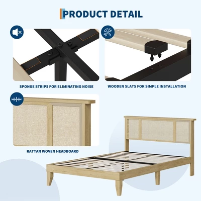 Garvee Bed Frame With Natural Rattan Headboard, Wood Slat Support, Metal Base 9 Garvee Bed Frame With Natural Rattan Headboard, Wood Slat Support, Metal Base - Image 7