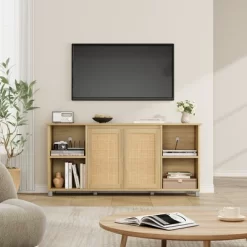 70 Inch TV Stand, Boho TV Stand With Rattan Cabinet Doors, Entertainment Center With 4 Open Shelve, Mid-Century Modern TV Stands - Natural -Garvee GUEST ebda9949 8d37 4fd4 98bc a27a5e8f304e