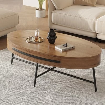 Oval Coffee Table With Drawer Mid-Century Modern Center Table 47.2“ Wooden Coffee Table With Storage 4 Oval Coffee Table With Drawer Mid-Century Modern Center Table 47.2“ Wooden Coffee Table With Storage - Image 2