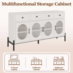Buffet Cabinet, Sideboard Cabinet With Storage, 62'' Large Buffet Table, With 3 Drawers And 4 Fluted Glass Doors 16 Buffet Cabinet, Sideboard Cabinet With Storage, 62'' Large Buffet Table, With 3 Drawers And 4 Fluted Glass Doors -Garvee GUEST ecf6bbb6 d839 4191 b0c9 8e6fbce52a85