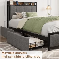 Twin/Full/Queen/King Size Upholstered Bed Frame With Storage Headboard, 2 Drawers, USB Charging Station, No Box Spring Needed, Heavy Duty, Grey 15 Twin/Full/Queen/King Size Upholstered Bed Frame With Storage Headboard, 2 Drawers, USB Charging Station, No Box Spring Needed, Heavy Duty, Grey -Garvee GUEST ed509fba 3012 4cb2 962f c4c102ba5645
