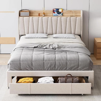 Full/Queen Size Upholstered Bed Frame With Storage Headboard, Drawer, Charging Station, Linen Platform, No Box Spring Needed 3 Full/Queen Size Upholstered Bed Frame With Storage Headboard, Drawer, Charging Station, Linen Platform, No Box Spring Needed