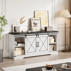 Farmhouse TV Stand And Entertainment Center For TV Up To 65 Inches With Sliding Barn Doors And Adjustable Shelf, White & Brown 15 Farmhouse TV Stand And Entertainment Center For TV Up To 65 Inches With Sliding Barn Doors And Adjustable Shelf, White & Brown -Garvee GUEST ee6b9745 47aa 4aba b0eb 5ee1d087c883
