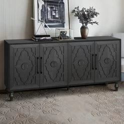 Sideboard Buffet, Wood Floor Cabinet With Carved Flower Door, Metal Handle, Freestanding Sideboard