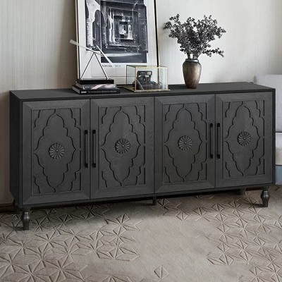 Sideboard Buffet, Wood Floor Cabinet With Carved Flower Door, Metal Handle, Freestanding Sideboard 3 Sideboard Buffet, Wood Floor Cabinet With Carved Flower Door, Metal Handle, Freestanding Sideboard