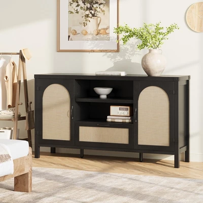Rattan Sideboard Buffet Cabinet With Drawer & Open Shelves, Boho Farmhouse Coffee Bar For Kitchen, Dining Or Living Room 4 Rattan Sideboard Buffet Cabinet With Drawer & Open Shelves, Boho Farmhouse Coffee Bar For Kitchen, Dining Or Living Room - Image 2