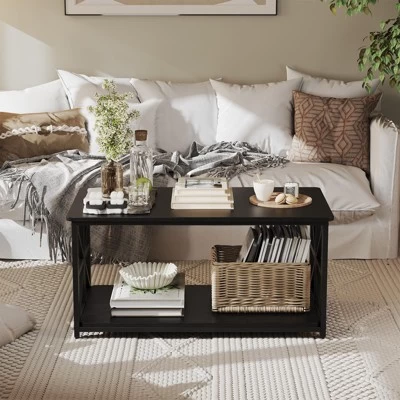 2-Tier Coffee Table For Small Spaces, X-Frame Living Room Low Coffee Table With Storage Shelf 6 2-Tier Coffee Table For Small Spaces, X-Frame Living Room Low Coffee Table With Storage Shelf - Image 4