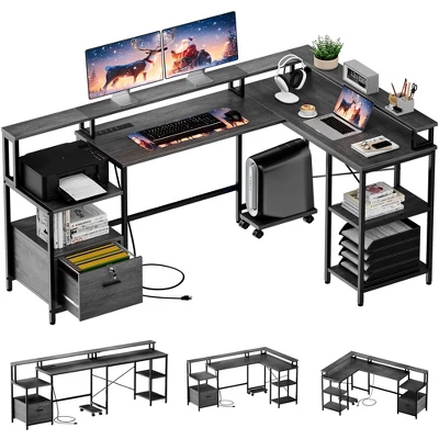 Garvee 76" Reversible L Shaped Computer Desk With File Drawer & With Power Outlet, Gaming Desk With Monitor Shelf, Corner Desk For Home Office 11 Garvee 76" Reversible L Shaped Computer Desk With File Drawer & With Power Outlet, Gaming Desk With Monitor Shelf, Corner Desk For Home Office - Image 9