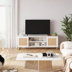 Rattan TV Stand Entertainment Center With Marble Pattern For 65" TV, White TV Console Table & Cabinet With Adjustable Shelves For Living Room, Bedroom -Garvee GUEST f0c15b55 3aa3 42cb a353 5e7759b20d8d