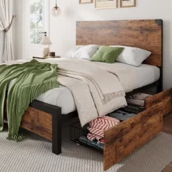 Bed Frame With 4 Storage Drawers, Metal Platform Bed With Wooden Headboard, Noise Free, No Box Spring Needed, Easy Assembly, Vintage Brown -Garvee GUEST f0f025b5 711b 4a7c a9ec 8c5786cc2f98