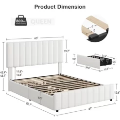 Bed Frame With 4 Storage Drawers, Adjustable Height Headboard, Linen Upholstered Platform BedFrame, Wooden Slats