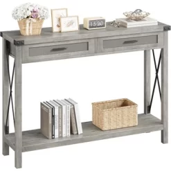 43" Console Table With Rattan Drawers, 2-Tier Farmhouse Narrow Entryway Table , Sofa Table, Console Tables For Entryway