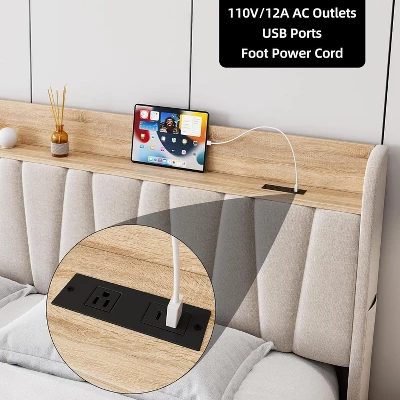 Full/Queen Size Upholstered Bed Frame With Storage Headboard, Drawer, Charging Station, Linen Platform, No Box Spring Needed 6 Full/Queen Size Upholstered Bed Frame With Storage Headboard, Drawer, Charging Station, Linen Platform, No Box Spring Needed - Image 4