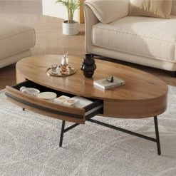 Oval Coffee Table Mid-Century Modern Center Table With Drawer Wooden Coffee Table With Storage And Cross Metal Legs -Garvee GUEST f4a04af9 c5c4 442c bf58 756204c7cbc2