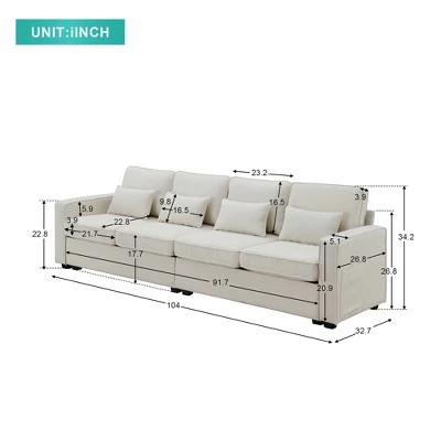 104" Modern 4 Seater Sofa Couch, Fabric Linen Upholstered Sofa With Pockets, Deep Seat Sleeper Sofa Couch For Living Room Office Bedroom Apartment 4 104" Modern 4 Seater Sofa Couch, Fabric Linen Upholstered Sofa With Pockets, Deep Seat Sleeper Sofa Couch For Living Room Office Bedroom Apartment - Image 2