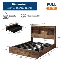Bed Frame With High Storage Bookcase Headboard, Wood Bed Frame With 4 Storage Drawers, Built In Charging Station,No Box Spring Needed, Metal Frame