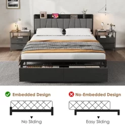Garvee Queen Size Bed Frame With Storage Headboard, Industrial Queen Platform With 2 Drawers And Charging Station, Black No Box Spring Needed Bedframe -Garvee GUEST f5bbf33a 1b34 477f 8e55 b749c1c0ce89