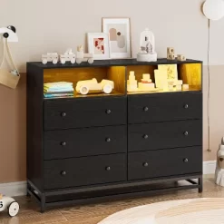 6-Drawer Wide Dresser With Built-In Charging Station And LED Lighting, Modern Black Wooden Storage Chest For Bedroom, Large Capacity Organizer -Garvee GUEST f5f6a2fa 135b 4675 9ad6 7fb2c0d2c719