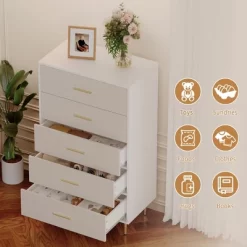 White 5 Drawer Dresser,Tall Narrow Chest Of Drawers,Wooden Skinny Dresser With Gold Metal Handles And Legs,Modern Storage Drawer Cabinet 12 White 5 Drawer Dresser,Tall Narrow Chest Of Drawers,Wooden Skinny Dresser With Gold Metal Handles And Legs,Modern Storage Drawer Cabinet -Garvee GUEST f6a93419 1720 4816 8fee eefb27aebddf