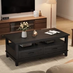 Farmhouse Coffee Table With Drawers, 47.2" Center Table Rustic Coffee Tables Walnut Living Room Table -Garvee GUEST f6cff730 9dd7 46e9 bf8b b8ec08e2966d