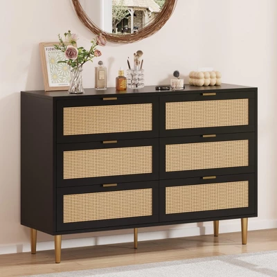 Garvee 6 Drawer Rattan Dresser With Gold Legs And Handles, Wide Double Storage Chest With Anti-Tipping Design For Bedroom Or Living Room 7 Garvee 6 Drawer Rattan Dresser With Gold Legs And Handles, Wide Double Storage Chest With Anti-Tipping Design For Bedroom Or Living Room - Image 5