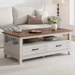 Farmhouse Coffee Table With Drawers, 47.2" Center Table Rustic Coffee Tables White Brown Living Room Table 19 Farmhouse Coffee Table With Drawers, 47.2" Center Table Rustic Coffee Tables White Brown Living Room Table -Garvee GUEST f7a546ca 454a 4b6d 93db da2724aeb0b1