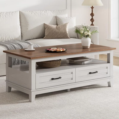 Farmhouse Coffee Table With Drawers, 47.2" Center Table Rustic Coffee Tables White Brown Living Room Table 11 Farmhouse Coffee Table With Drawers, 47.2" Center Table Rustic Coffee Tables White Brown Living Room Table - Image 9