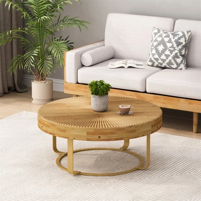 Center Tables, Modern Round Coffee Table Wooden Carving Pattern Coffee Table With Metal Legs For Living Room Reception Room Office 5 Center Tables, Modern Round Coffee Table Wooden Carving Pattern Coffee Table With Metal Legs For Living Room Reception Room Office - Image 3