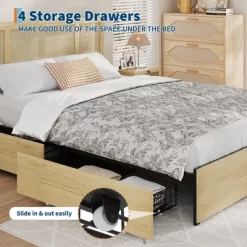 Bed Frame With Natural Rattan Headboard, Queen Size, 4 Storage Drawers, Wooden Slats, Boho-Style Cane Support, Metal Base -Garvee GUEST f8aa032e 32c9 40eb 90af 43dcc1af468d