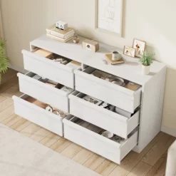 Garvee 6 Drawer Dresser For Bedroom, White Double Dresser Organizer With Concave Handles, Modern Chest Of Drawers For Bedroom Living Room Nursery