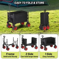 Garvee Foldable Wagon Cart With Big Wheels, Collapsible Utility Cart With Adjustable Handle, Side Pockets And Cup Holder For Shopping, Garden, Black -Garvee GUEST fbc5d6e2 88d1 4b10 952f 171def2f1927