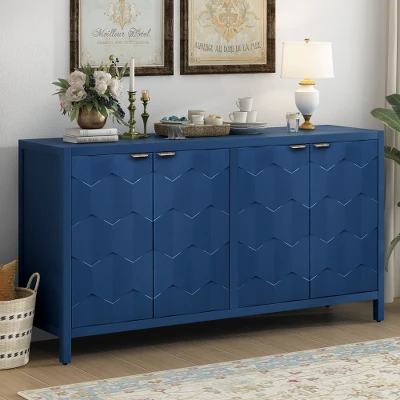 Sideboard Buffet Cabinet, Wooden Floor Storage Console Table, Sideboard Cabinet W/4 Honeycomb Pattern Designed Doors For Entryway Dining Room, Blue 10 Sideboard Buffet Cabinet, Wooden Floor Storage Console Table, Sideboard Cabinet W/4 Honeycomb Pattern Designed Doors For Entryway Dining Room, Blue - Image 8