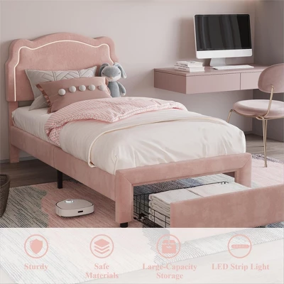 Twin Bed Frames With Smart LED Lights, Upholstered Bed Frame With Height Adjustable Bear Headboard, Velvet Princess Platform Bed Frame For Kids/Girls 4 Twin Bed Frames With Smart LED Lights, Upholstered Bed Frame With Height Adjustable Bear Headboard, Velvet Princess Platform Bed Frame For Kids/Girls - Image 2