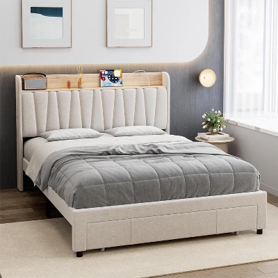 Full/Queen Size Upholstered Bed Frame With Storage Headboard, Drawer, Charging Station, Linen Platform, No Box Spring Needed 9 Full/Queen Size Upholstered Bed Frame With Storage Headboard, Drawer, Charging Station, Linen Platform, No Box Spring Needed - Image 7