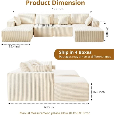 Oversized U-Shaped Cloud Couch, 137" Corduroy Modular Sectional Sofa With Chaise, No Assembly Required, Deep Seat, Compression Foam Sofa 3 Oversized U-Shaped Cloud Couch, 137" Corduroy Modular Sectional Sofa With Chaise, No Assembly Required, Deep Seat, Compression Foam Sofa