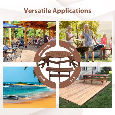 6 Person Wooden Picnic Table Set, Outdoor Round Picnic Table With Benches & Umbrella Hole, Table And Bench Set For Garden Backyard Patio 4 6 Person Wooden Picnic Table Set, Outdoor Round Picnic Table With Benches & Umbrella Hole, Table And Bench Set For Garden Backyard Patio - Image 2