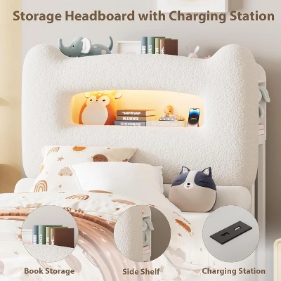 Upholstered Bed Frame With 2-Tier Storage Headboard, LED Platform Bed With Charging Station And Drawer For Kids/Girls/Boys 6 Upholstered Bed Frame With 2-Tier Storage Headboard, LED Platform Bed With Charging Station And Drawer For Kids/Girls/Boys - Image 4