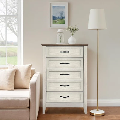 Garvee Chest Of Dresser, Vintage Wood 5 Drawer Tall Dresser Storage Organizer For Closet, Bedroom, Nursery, Living Room, Hallway, White 10 Garvee Chest Of Dresser, Vintage Wood 5 Drawer Tall Dresser Storage Organizer For Closet, Bedroom, Nursery, Living Room, Hallway, White - Image 8